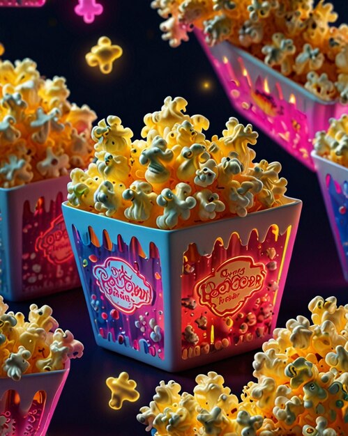 Photo glowing popcorn with popping neon color ai generated