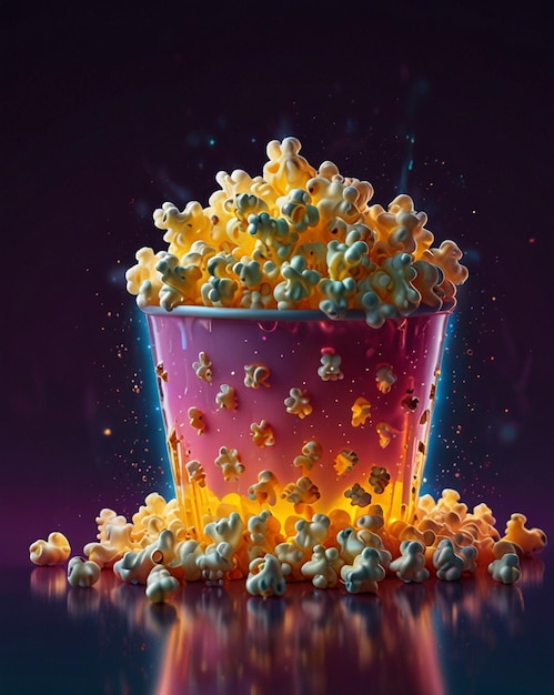 Photo glowing popcorn with popping neon color ai generated