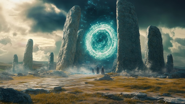 A glowing portal hovers within an ancient stone circle surrounded by mist and figures suggesting a journey to another realm