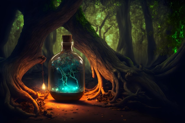 Glowing potion bottle with magic tree inside on night forest ground neural network generated art