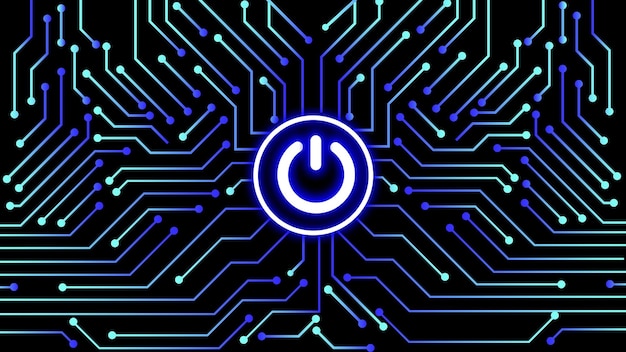 Glowing power on and off button on circuit board design power switch icon logotype illustration background