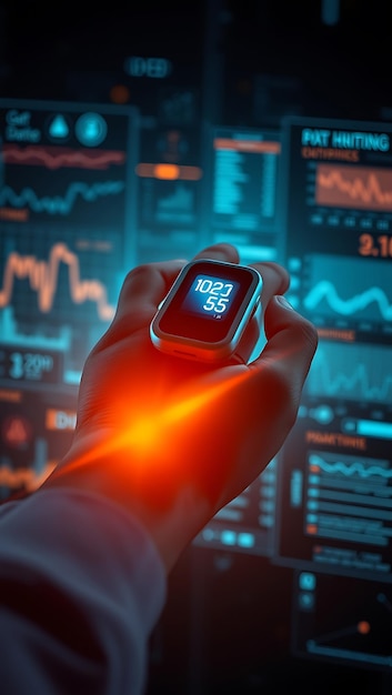 Photo glowing pulse oximeter on hand surrounded by futuristic health data