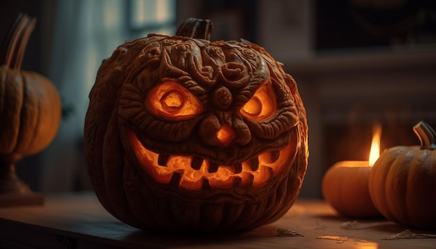 Glowing pumpkin lantern lights up spooky night generated by AI