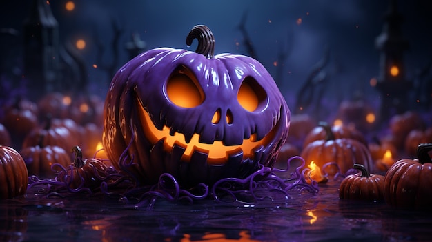 glowing pumpkin on treat or trick fantasy fun party celebration purple background design