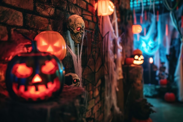 Photo glowing pumpkins and skulls set a spooky halloween atmosphere with orange and black lights cobwebs and spiderwebs for a festive party photo booth