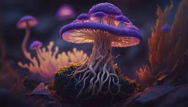 Glowing purple mushroom lamps with fireflies in magical forest