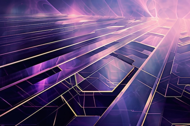 Glowing purple and pink geometric shapes in a futuristic setting