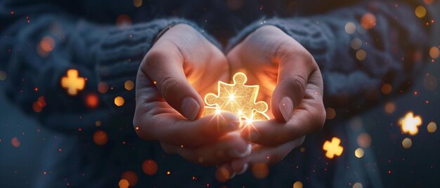 A glowing puzzle piece in the palm of a persons hand