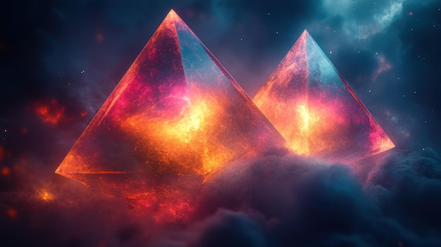 Photo glowing pyramids in the clouds