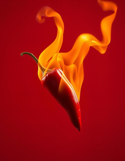 Photo glowing red chili pepper floating in the air as if on fire against a red background