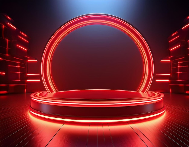 Glowing red circle with bright neon lines Illuminated podium for advertising awards