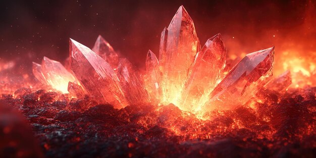 Photo glowing red crystals emerging from molten lava