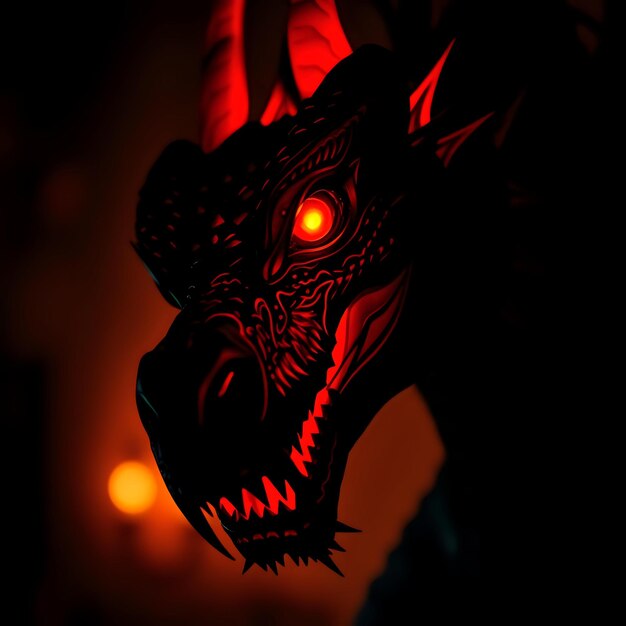 Photo glowing red fanged dragon head closeup