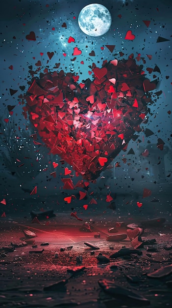 A glowing red heart breaking into pieces under a moonlit sky Generate AI