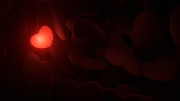 A glowing red heart among dark heart pile (3D Rendering)