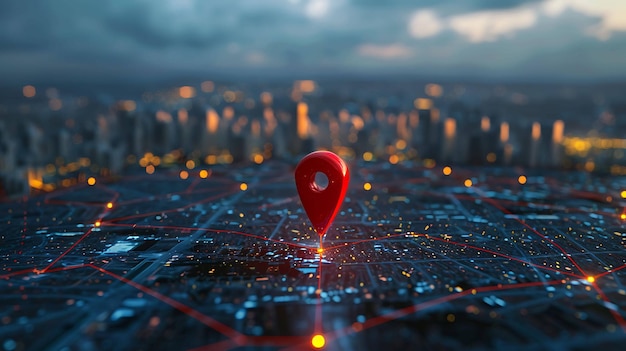 A glowing red map pointer marks a location on a futuristic city map