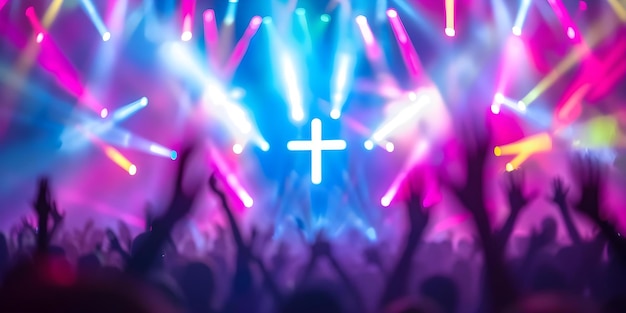 Glowing religious gathering with illuminated cross and raised hands in worship Concept Religious event Worship Illuminated Cross Raised Hands Glowing Atmosphere