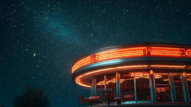 Glowing Retro Neon Diner Sign in Starry Night Sky Evokes Nostalgic Americana Vibes