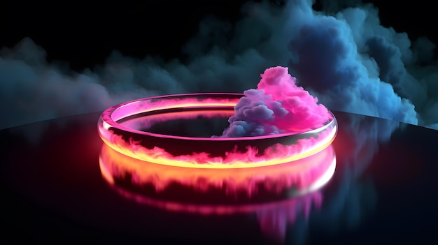 A glowing ring with pink and blue lights in the middle