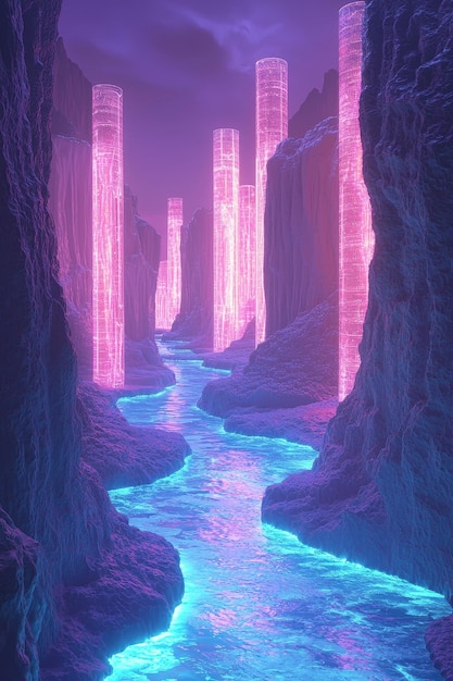 Photo glowing river through a futuristic canyon