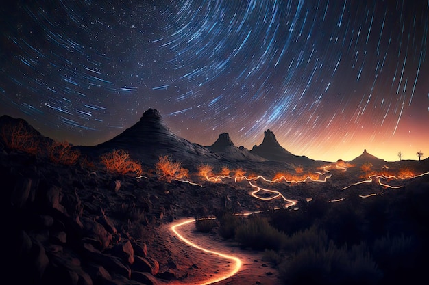 Glowing road stretching into distance among hills on starfall night