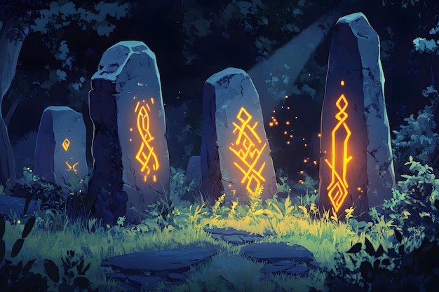 Photo glowing runes on ancient stones in dark forest cartoonstyle