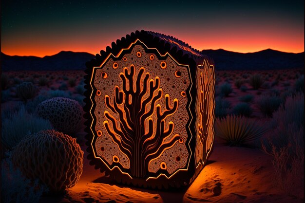 A glowing sculpture of a tree in the desert