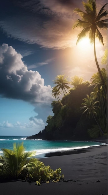 Glowing Sea Bright Clouds Black Sand Beach Palm Trees