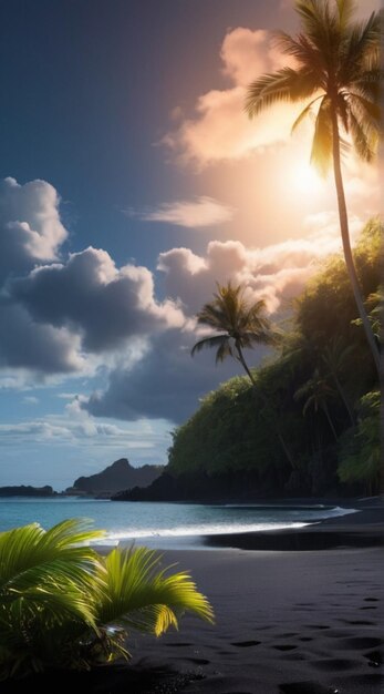 Glowing Sea Bright Clouds Black Sand Beach Palm Trees