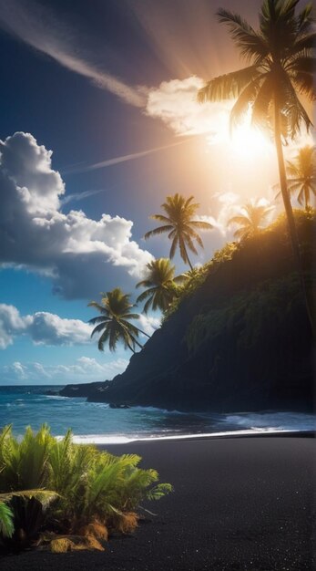 Glowing Sea Bright Clouds Black Sand Beach Palm Trees