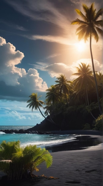 Glowing Sea Bright Clouds Black Sand Beach Palm Trees