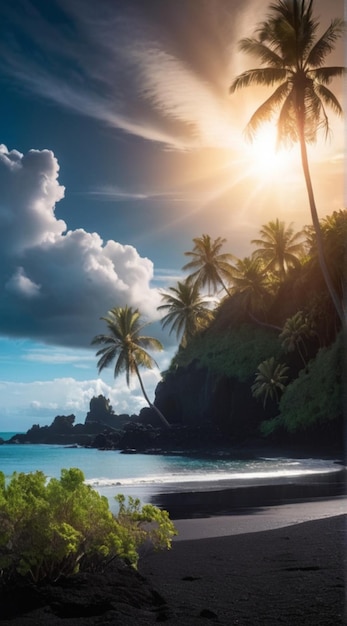 Glowing Sea Bright Clouds Black Sand Beach Palm Trees