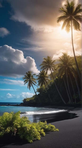 Glowing Sea Bright Clouds Black Sand Beach Palm Trees