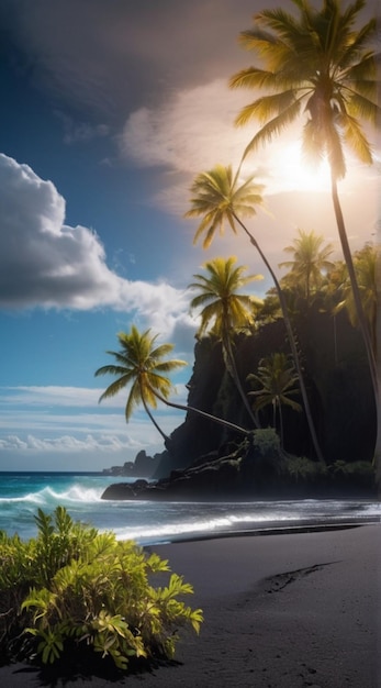 Glowing Sea Bright Clouds Black Sand Beach Palm Trees