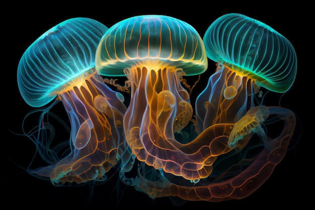 Glowing sea jellyfishes on dark background Generator AI