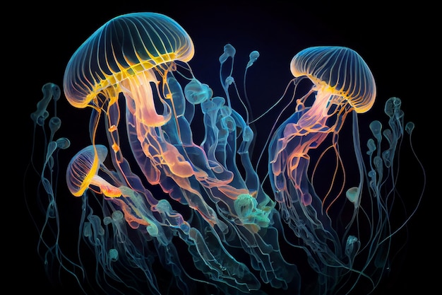 Glowing sea jellyfishes on dark background Generator AI