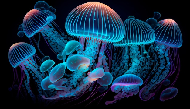 Glowing sea jellyfishes on dark background Generator AI