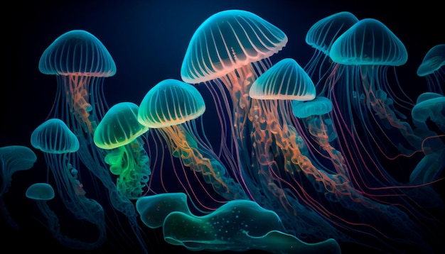 Glowing sea jellyfishes on dark background Generator AI