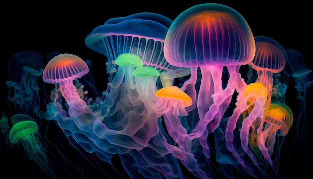 Glowing sea jellyfishes on dark background Generator AI