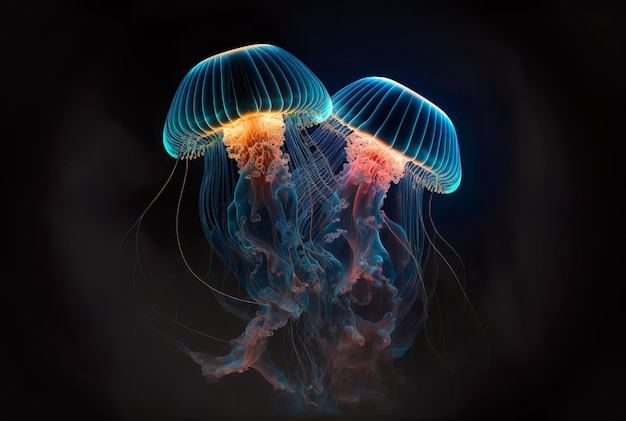 Glowing sea jellyfishes on dark background neural network generated art generative ai