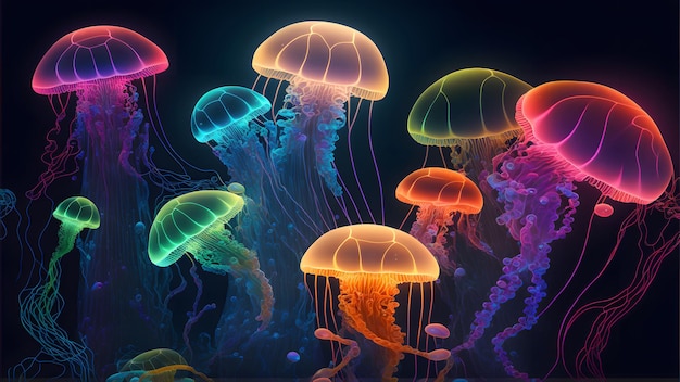 Glowing sea jellyfishes on dark background neural network generated art