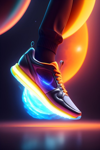 glowing shoe or multicolor neon shoe product design with neon lighting or shoe product on galaxy