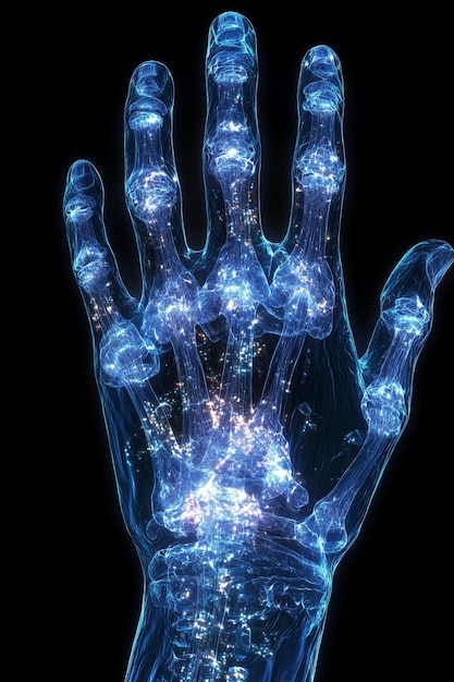 Photo a glowing skeletal hand with a detailed network of veins and arteries