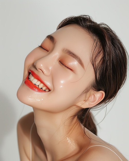 Glowing skin smiling Korean model with vibrant red lipstick and glowing skin smiles joyfully with her eyes closed