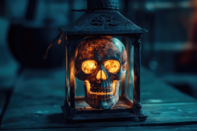 Photo glowing skull in a lantern