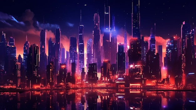 Glowing skyscrapers illuminate the futuristic cityscape at night background