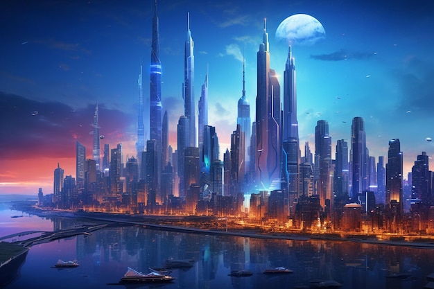 Glowing skyscrapers illuminate the futuristic