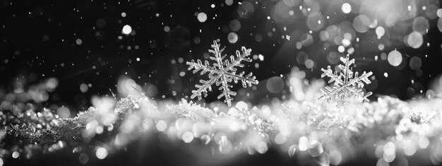 Glowing Snowflakes in Frosty Winter Wonderland Sparkling Black and White Background