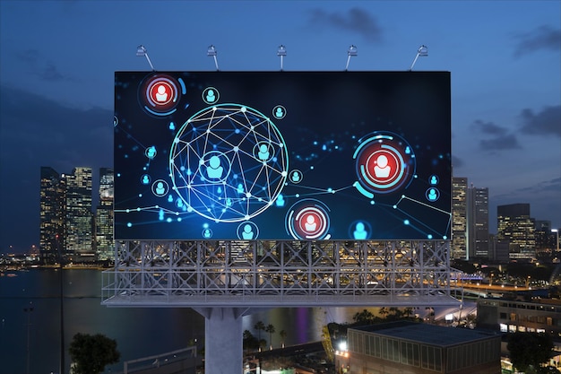 Glowing Social media icons on billboard over night panoramic city view of Singapore The concept of networking and establishing new connections between people and businesses in Southeast Asia