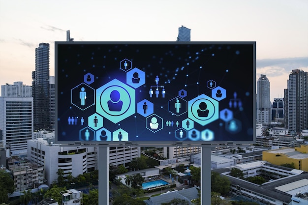 Glowing Social media icons on billboard over sunset panoramic city view of Bangkok The concept of networking and establishing new connections between people and businesses in Southeast Asia